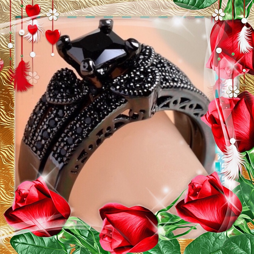 💝WEDDING RING SET SOLITAIRE & BAND BRAZILIAN BLACK MARQUISETTES CRYSTALS NWT
Sz